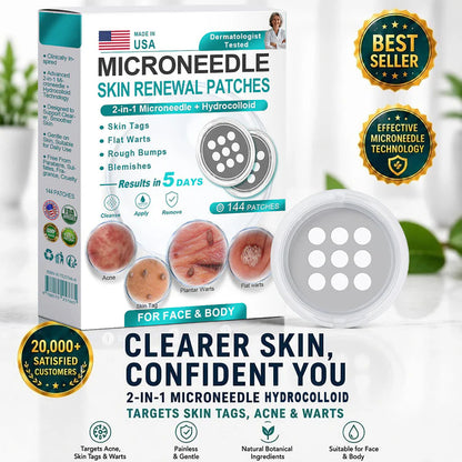 2-in-1 Microneedle & Hydrocolloid Patch 🌿 Invisible Face & Body Patches for Raised Moles, Acne, Flat Warts & Skin Tags - Helps Improve the Appearance of Wrinkles, Scars & Blemishes