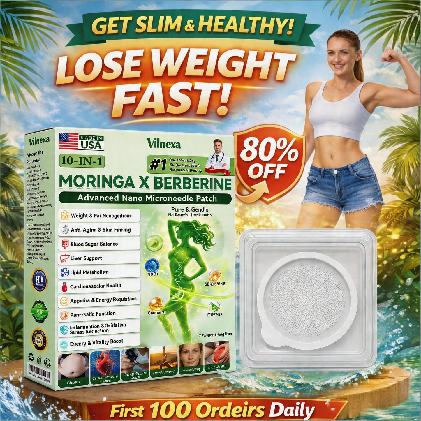 🌙 Vilnexa™ 8-in-1 AMPK Metabolic Slimming Patch 🇺🇸 Moringa × Berberine Formula · Supports Weight Management, Metabolic Balance & Daily Comfort