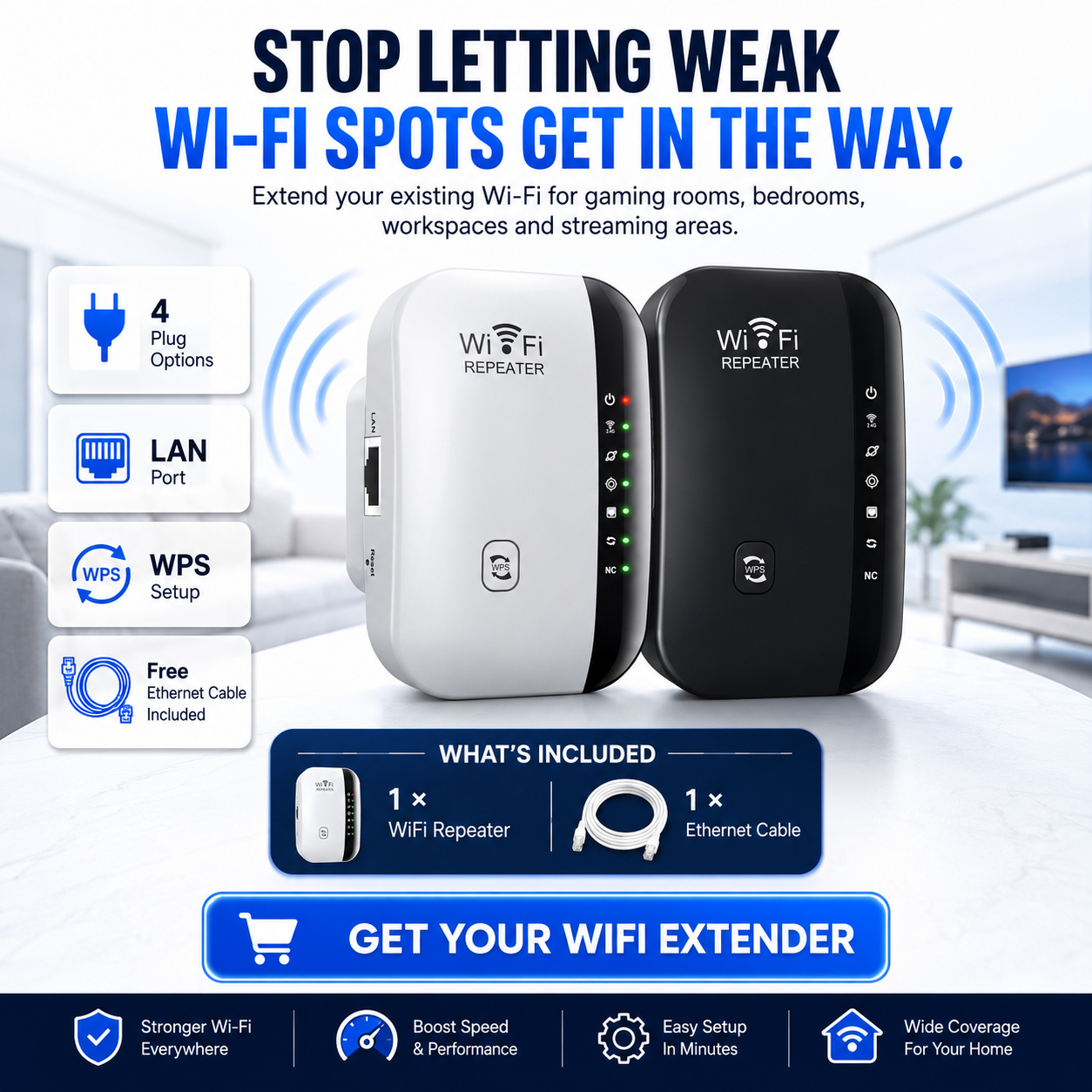 📶2026 Upgraded Version- WiFi Range Extender – Plug-In Repeater with Ethernet Port & Free Cable