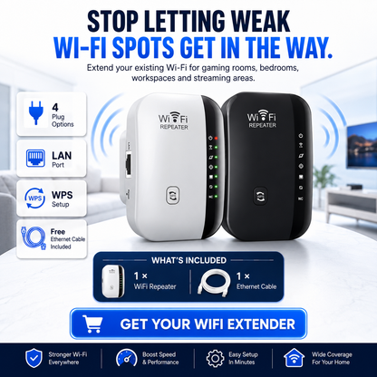📶2026 Upgraded Version- WiFi Range Extender – Plug-In Repeater with Ethernet Port & Free Cable