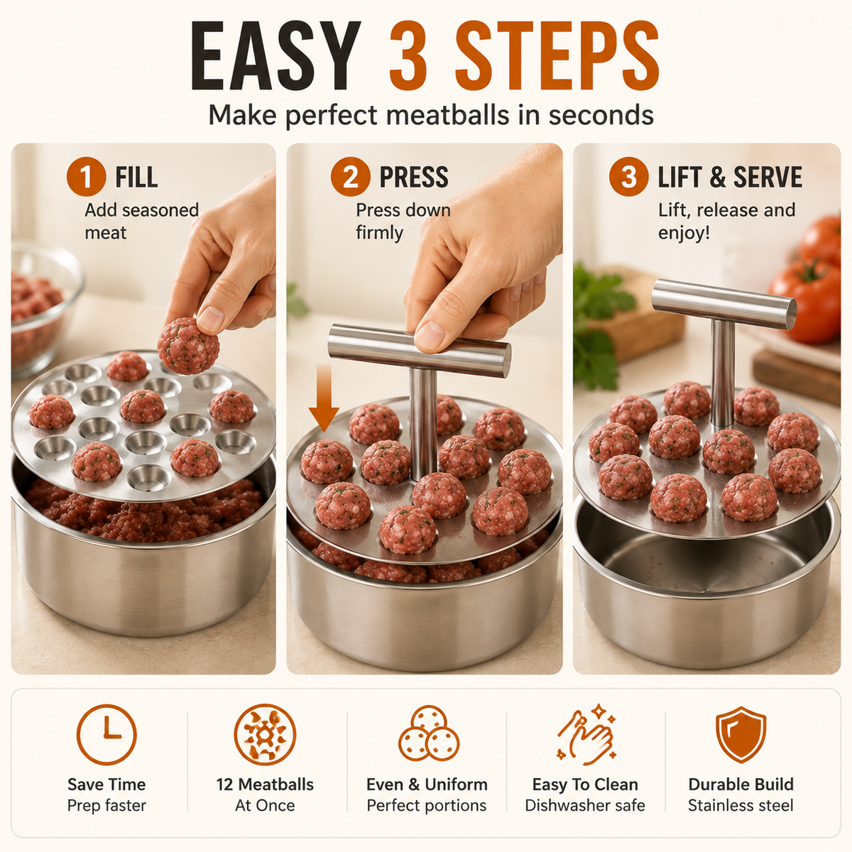 🍝 Non-Stick Stainless Steel Meatball Scoop – Perfect Round Meatballs Without Messy Hands