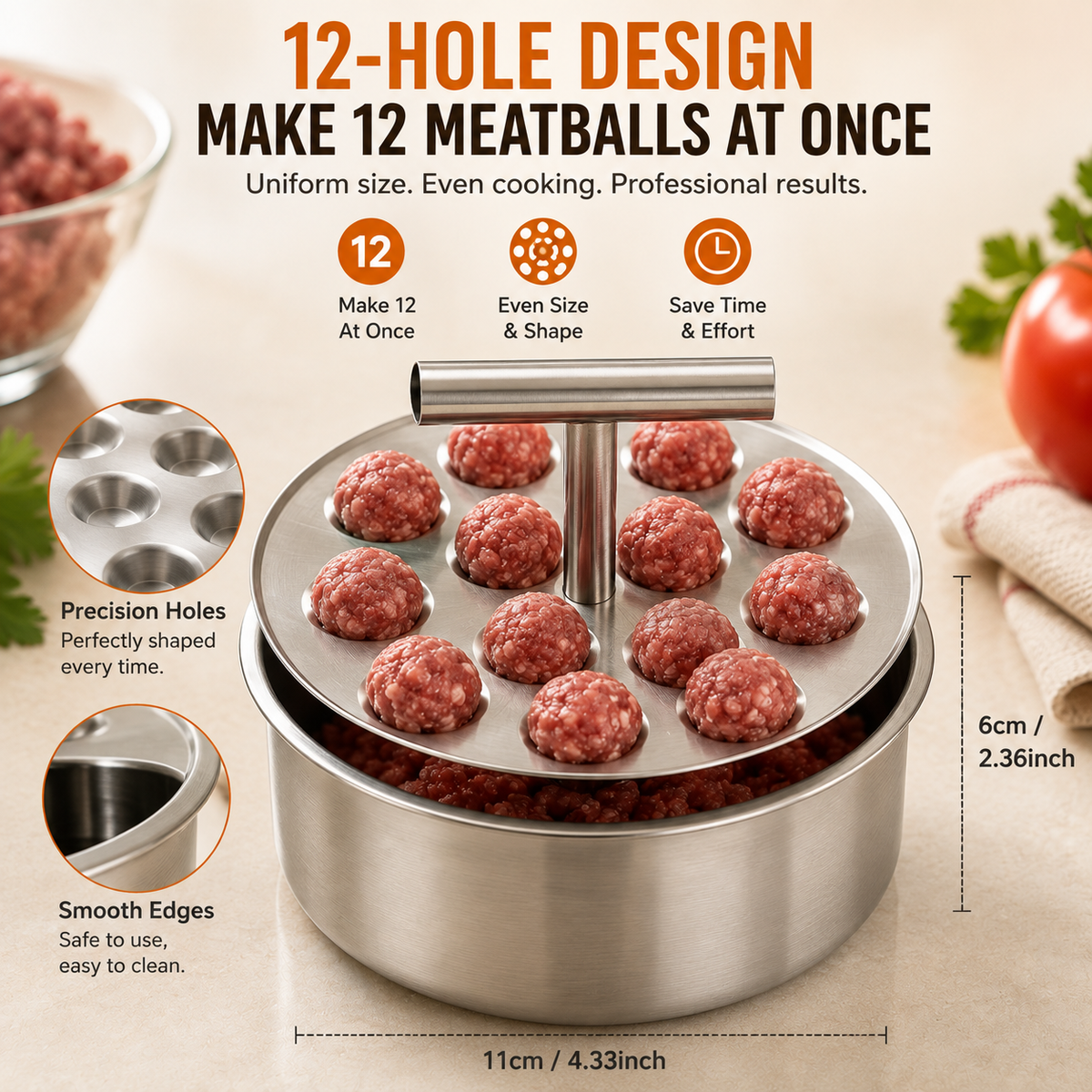 🍝 Non-Stick Stainless Steel Meatball Scoop – Perfect Round Meatballs Without Messy Hands