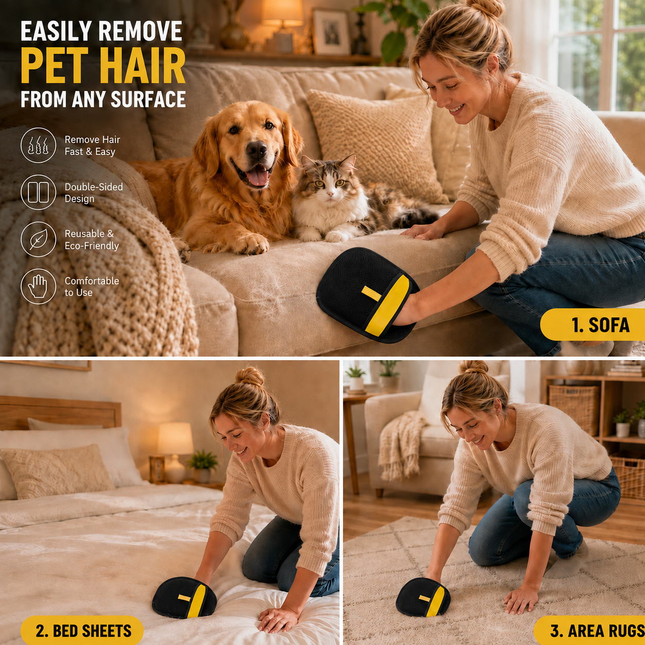 Pet Hair Remover Glove for Cats & Dogs, Reusable Electrostatic Lint Remover Mitt for Furniture, Couch, Carpet & Clothes