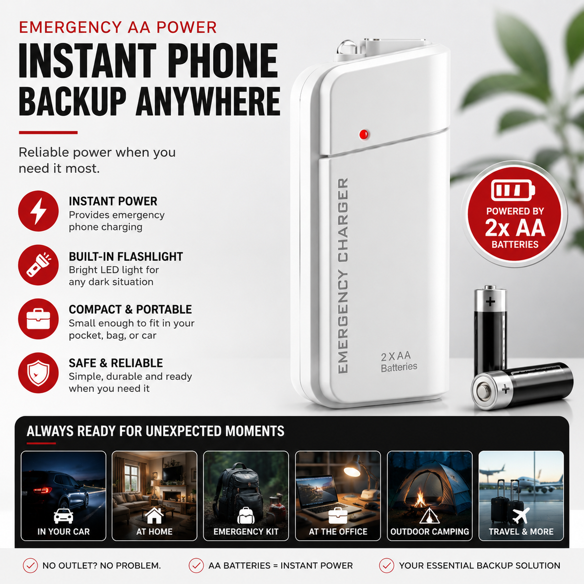 Portable Emergency Phone Charger AA Battery Powered Power Bank with LED Flashlight