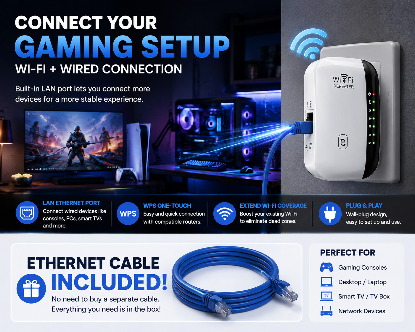 📶2026 Upgraded Version- WiFi Range Extender – Plug-In Repeater with Ethernet Port & Free Cable