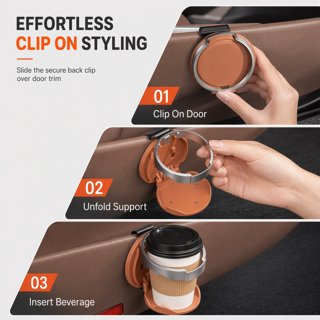 Foldable Car Door Cup Holder & Storage Tray — Fits Large Bottles & Phones